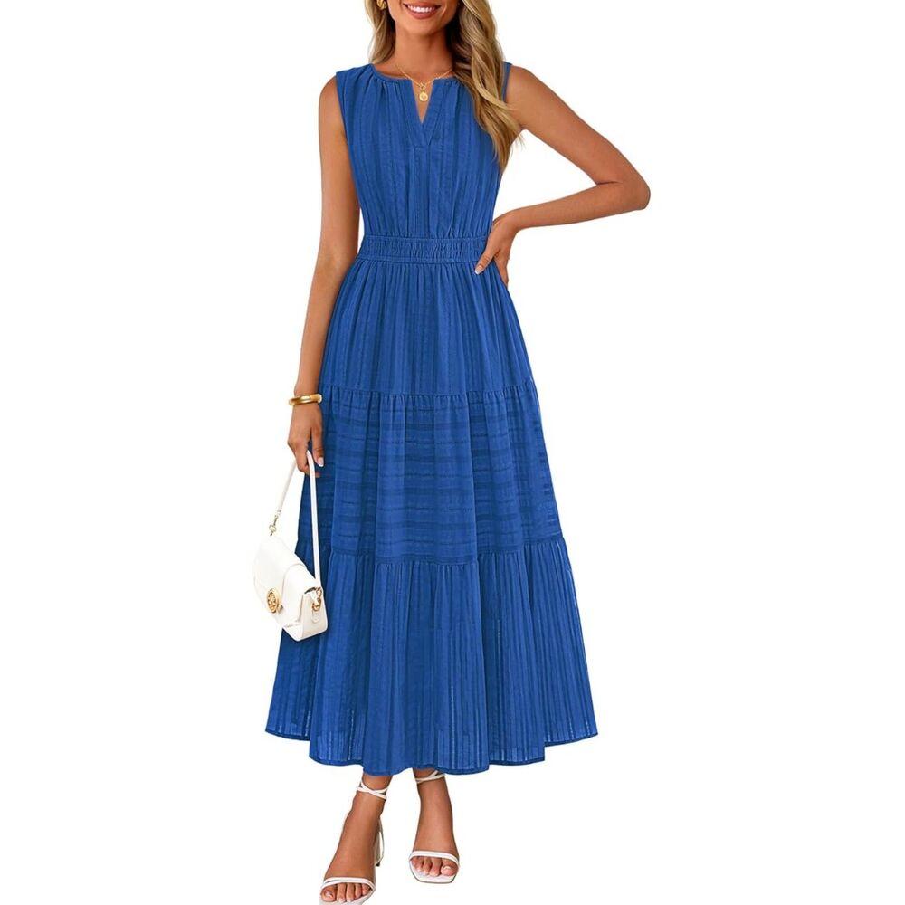 V-Neck Dress Royal Blue Cotton Jacquard A-Line Tiered Cottagecore Feminine Dress